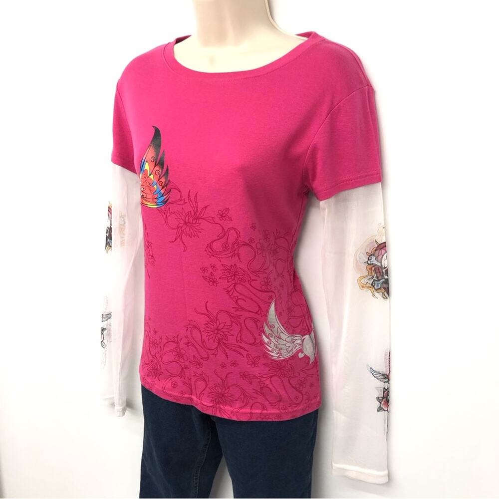 Feathers Pink Sheer Sleeve Tattoo Shirt - image 4